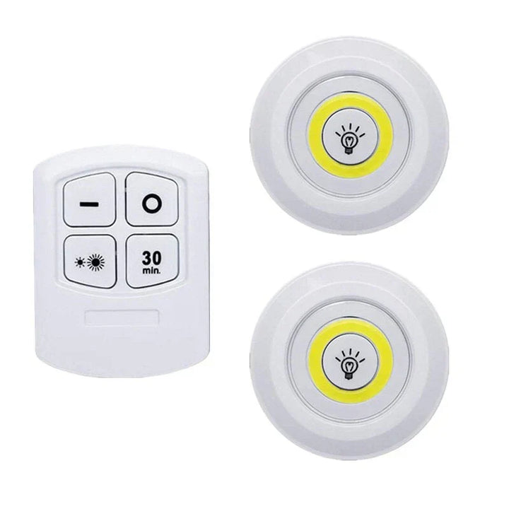 Remote controlled, easy-install LED puck lights for bright under cabinet, shelf, or closet lighting.