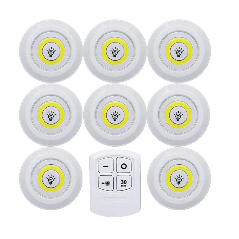 Kitchen under cabinet LED puck lights, dimmable with remote for perfect brightness. Wireless & smart.