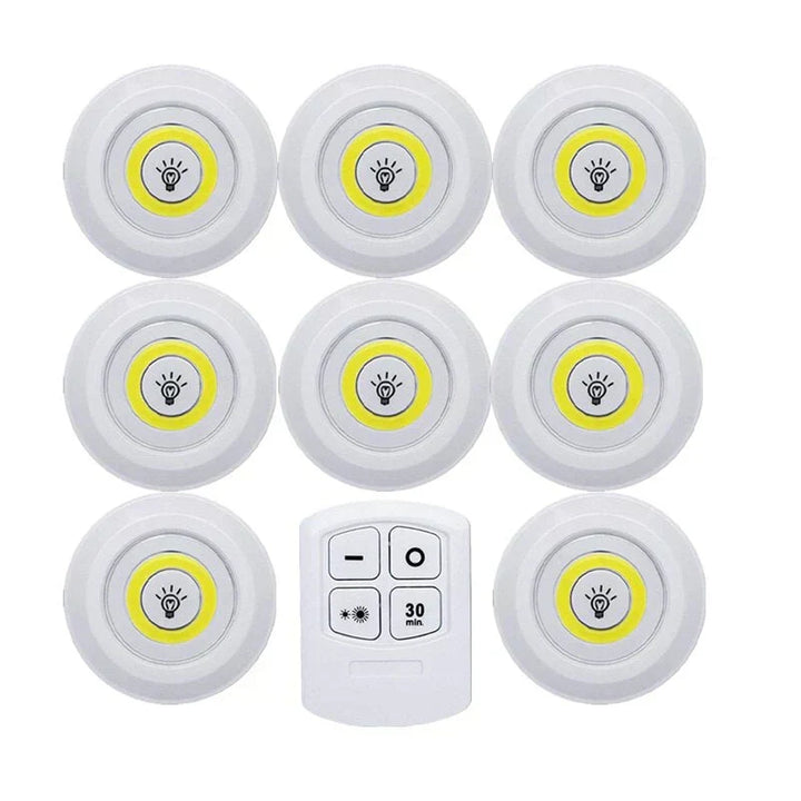 Kitchen under cabinet LED puck lights, dimmable with remote for perfect brightness. Wireless & smart.