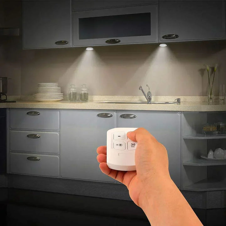 Stylish home decor LED puck lights, battery operated & remote controlled. Enhance any space easily.