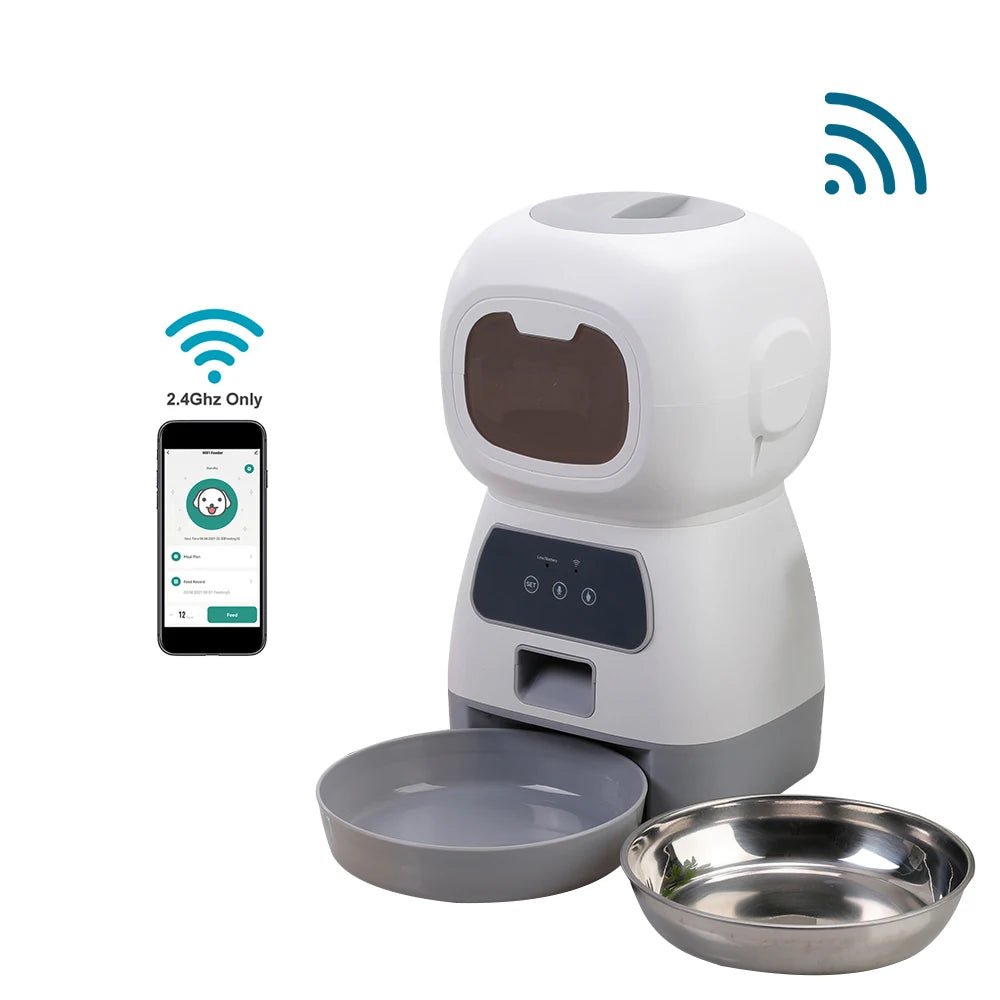 Programmable pet feeder, app-controlled, with voice messages, ideal for cats and dogs.