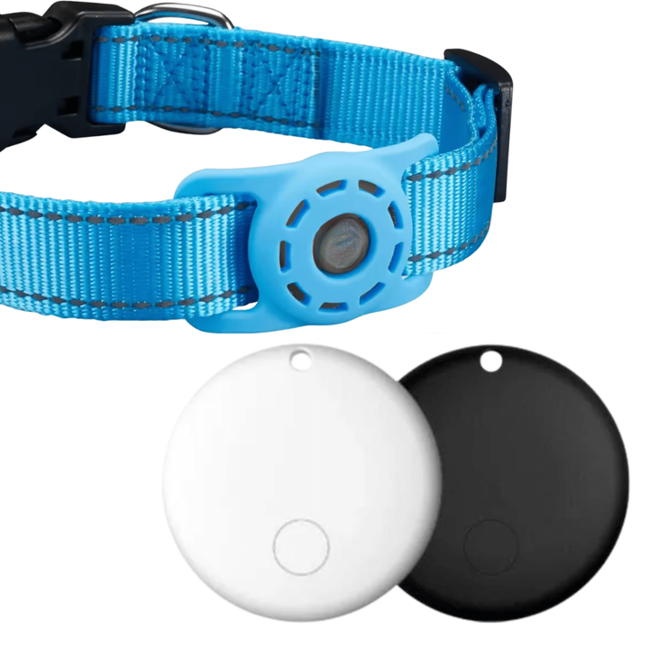 Smart pet device: reflective collar with integrated tracker for Android users.