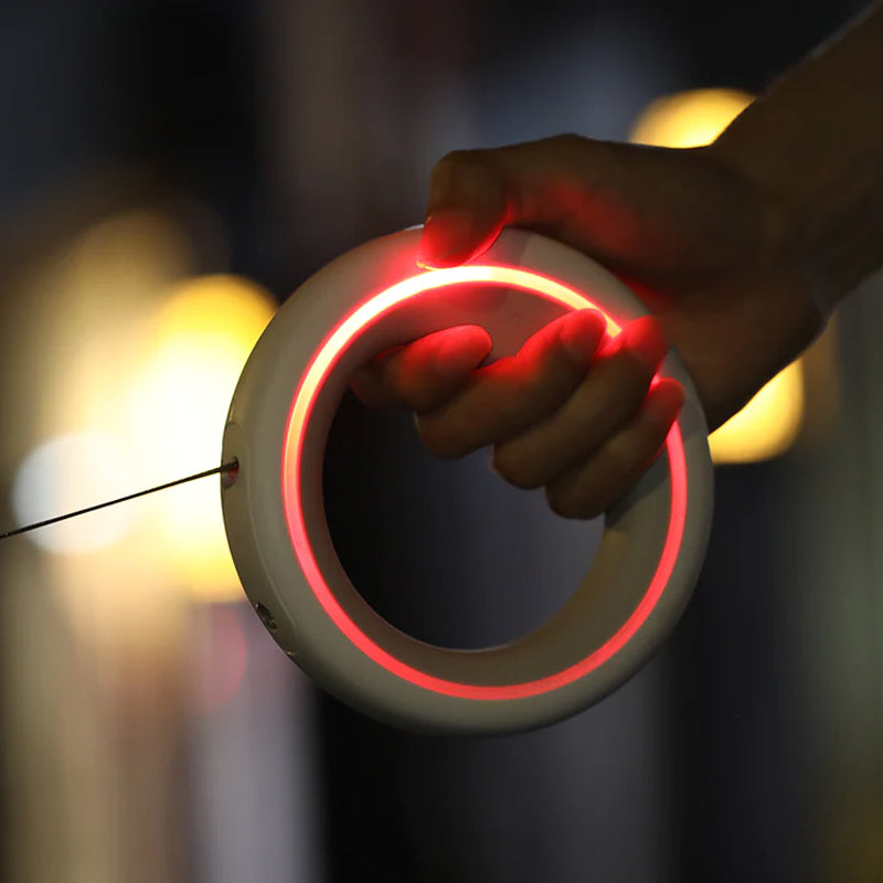 Unisex smart dog leash, retractable, shown in a hand, highlighting its ergonomic grip for comfortable pet walking.