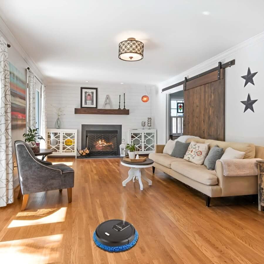 Intelligent robot mop, automatically cleans hard surfaces & carpets. Home automation.