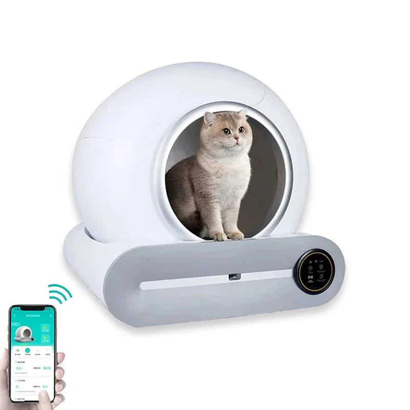 Automatic cat litter box with app control, highlighting the self-cleaning function and smart home integration for odor control.