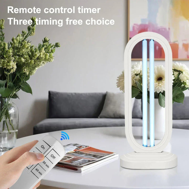 Chemical-free UV sanitizer lamp. Smart germ killer for home hygiene, with remote control & timer function.