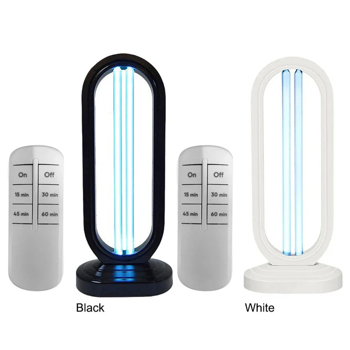 Close-up of the Smart UV Sanitizer Lamp. Modern design UV lamp with remote control for home disinfection.