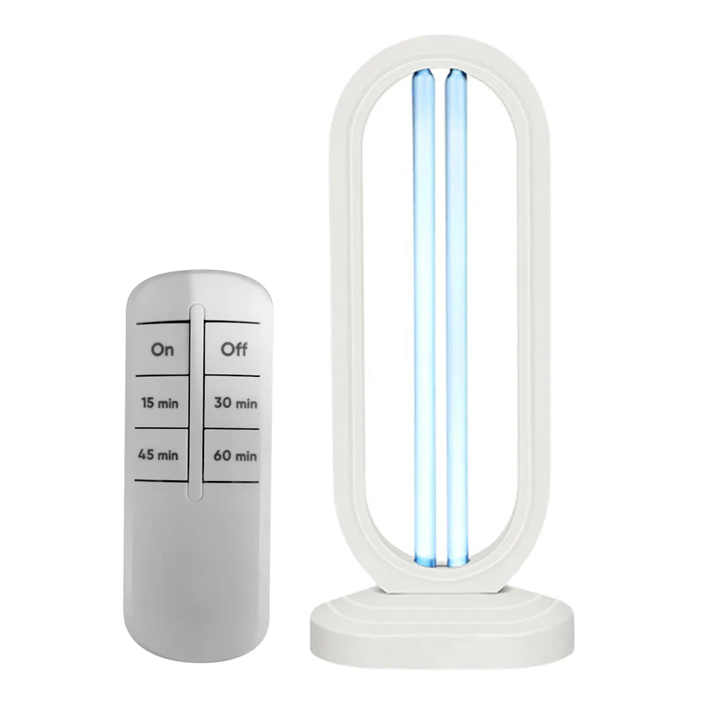 Smart UV Sanitizer Lamp in a living room. Remote control UV sterilizer & air purifier for home hygiene.