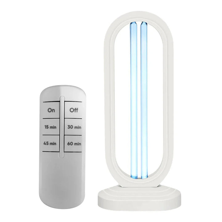 Smart UV Sanitizer Lamp in a living room. Remote control UV sterilizer & air purifier for home hygiene.
