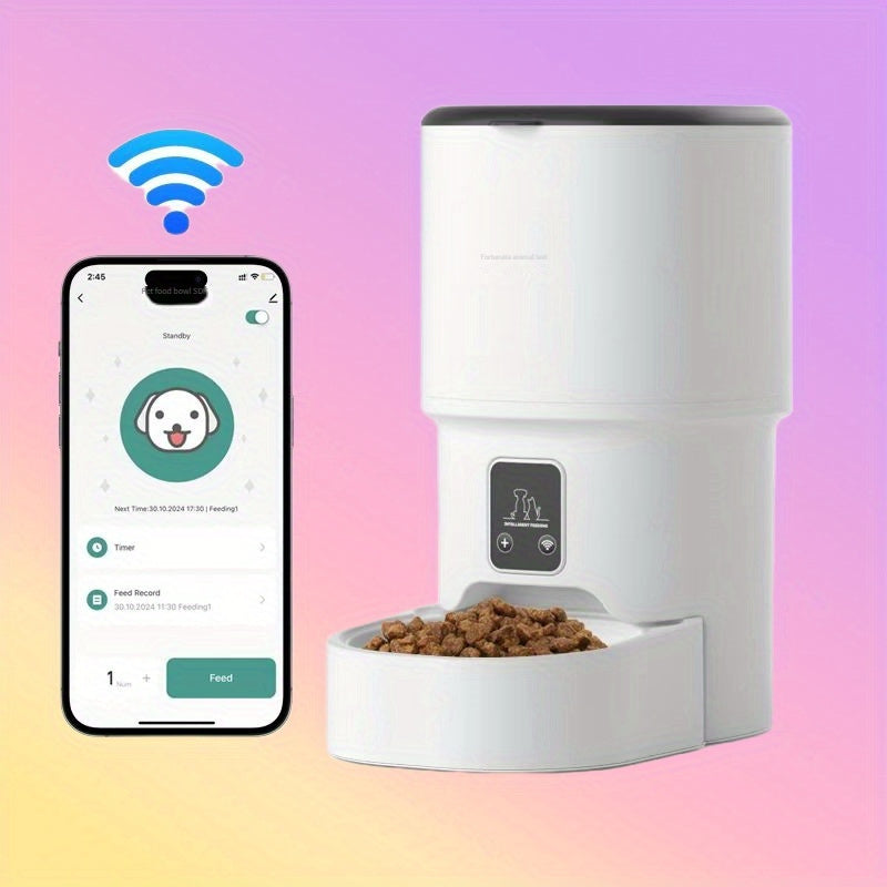 Smart WiFi automatic pet feeder for cats and dogs, 4L capacity, app controlled for scheduled meals.