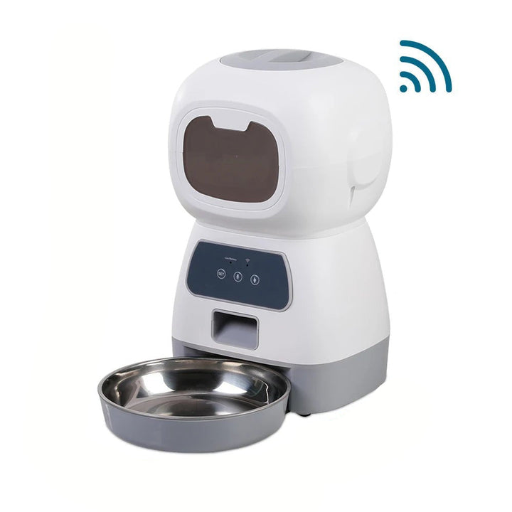 Automatic pet feeder with voice recording feature, Wifi control, and portion management for cats and dogs.