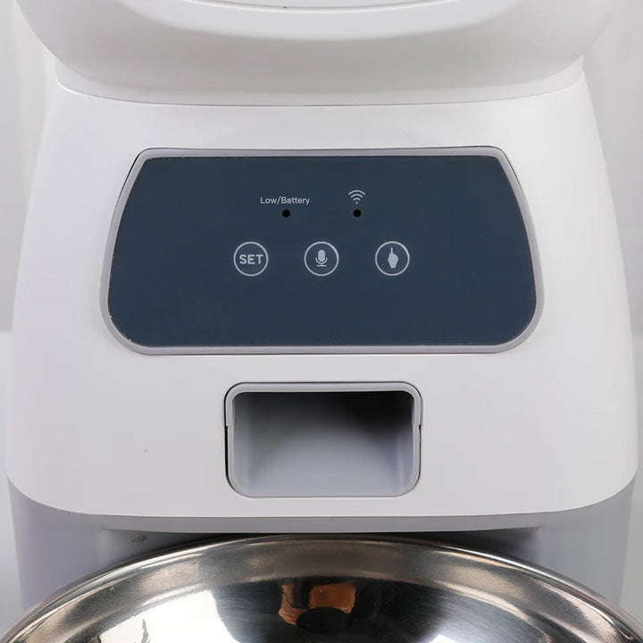 Sleek smart pet feeder with visible food level, Wifi connectivity, and app for scheduled dog/cat meals.