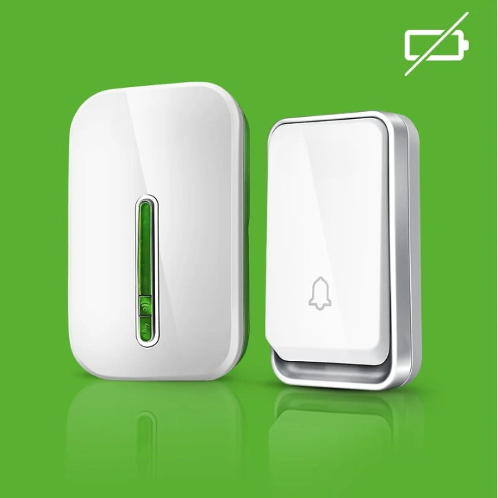 Smart wireless battery-free doorbell with kinetic energy for easy home & office installation.