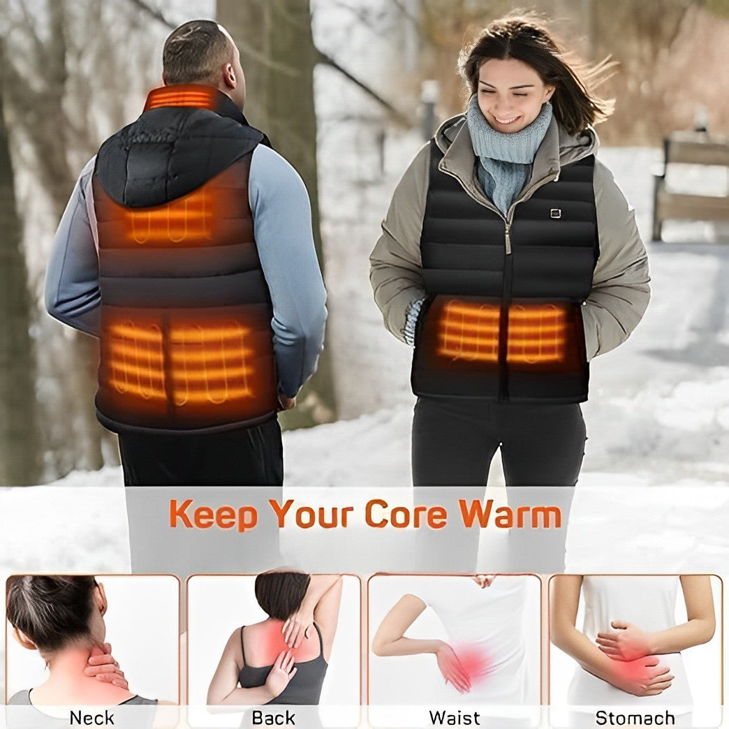 Thermal insulated unisex heated vest providing superior warmth for cold weather outdoor adventures. Essential winter gear.