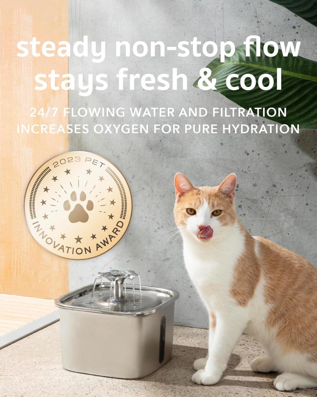 Elegant stainless steel cat fountain, automatic pet drinking dispenser ensuring continuous fresh water for happy cats.