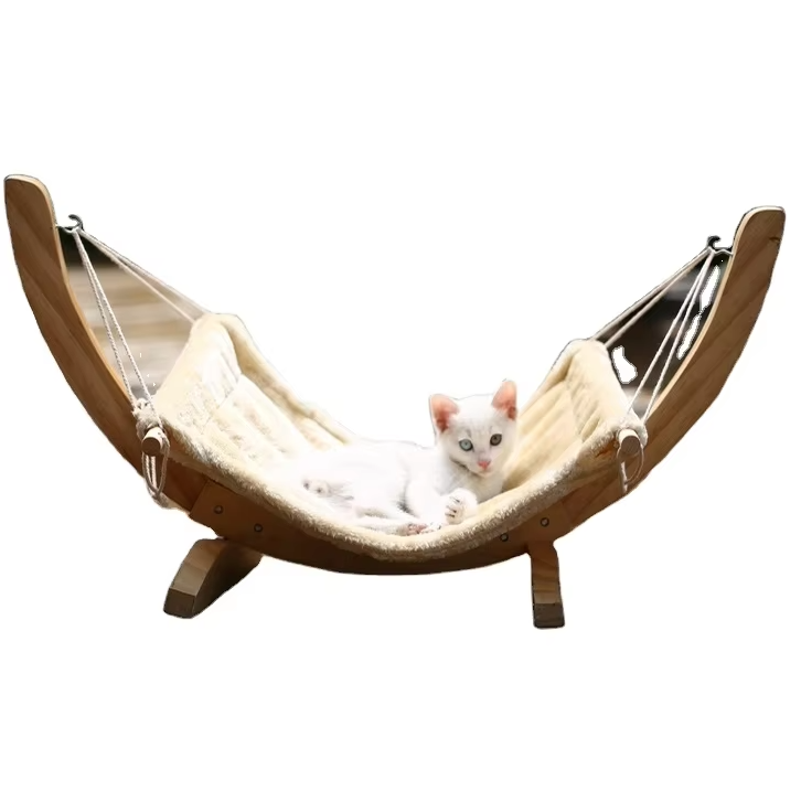 Soft beige cat hammock cover for wooden bed, washable & durable pet furniture accessory