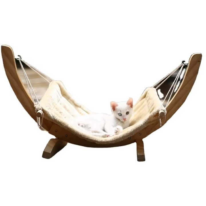 Soft beige cat hammock cover for wooden bed, washable & durable pet furniture accessory