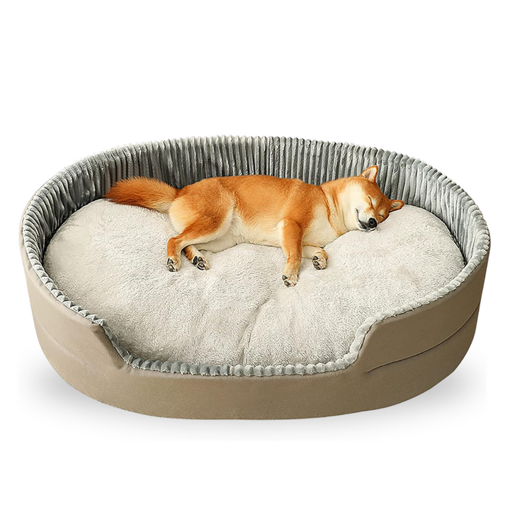 Grey plush bolster dog bed with high walls and anti-slip base for ultimate pet relaxation.
