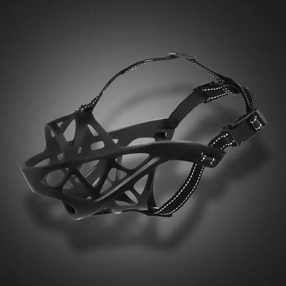 Close-up of a soft, breathable dog muzzle, showcasing comfortable mesh for pet safety & training.