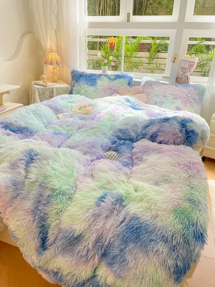 Plush velvet duvet cover, candy-colored, ensuring warm bedding and cozy winter comfort.