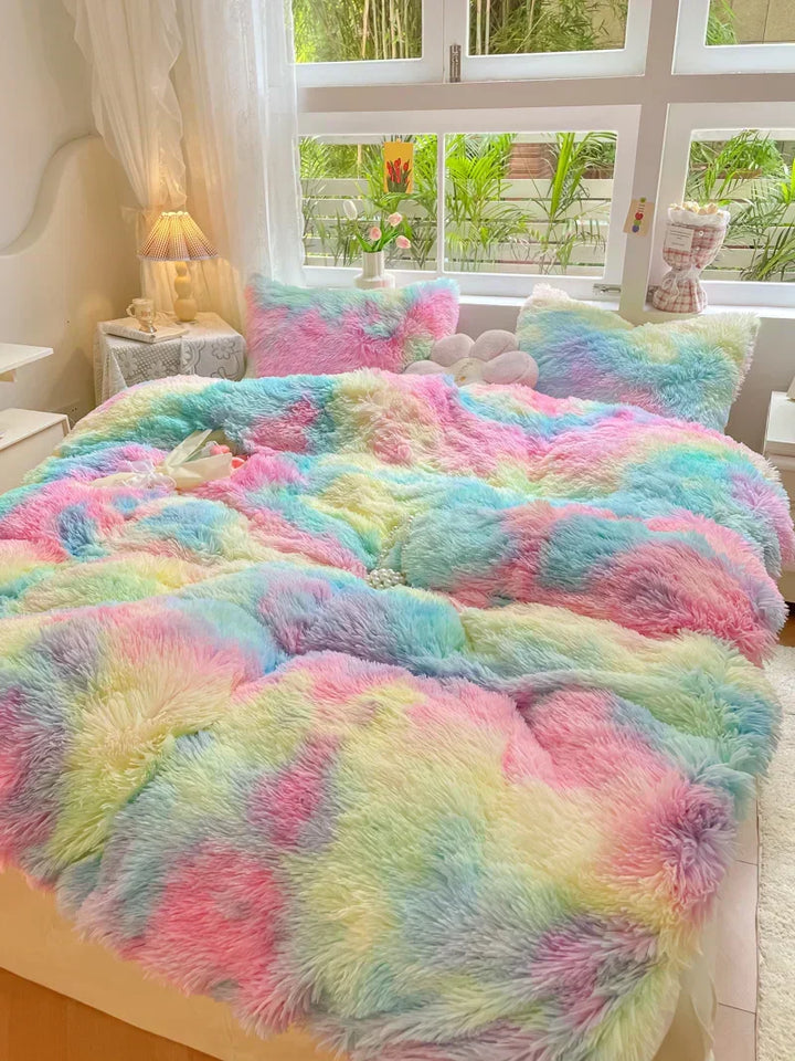 Cozy bed duvet cover, soft plush in candy colors, creating a warm and inviting bedroom.