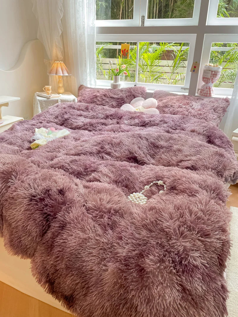 Vibrant candy-colored plush duvet cover, soft to the touch, for a warm and cozy bed.