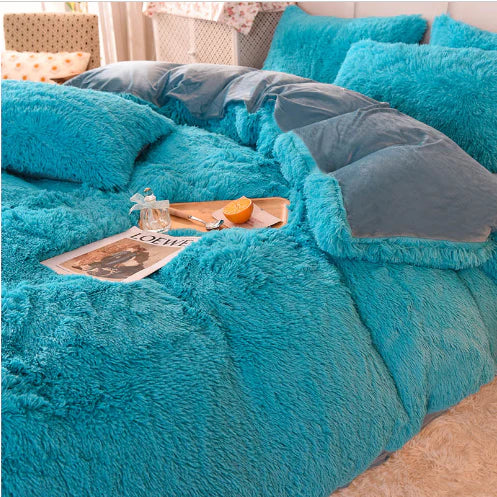 Warm plush duvet cover, candy-colored, designed for a super cozy bed and winter comfort.