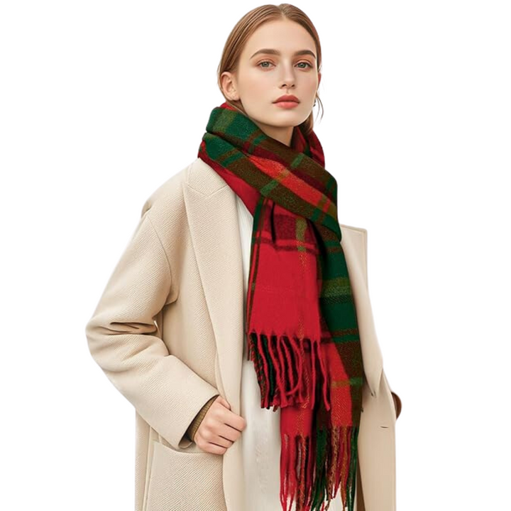 Stylish plaid cashmere women's scarf, a warm fashion accessory & cozy winter wrap.