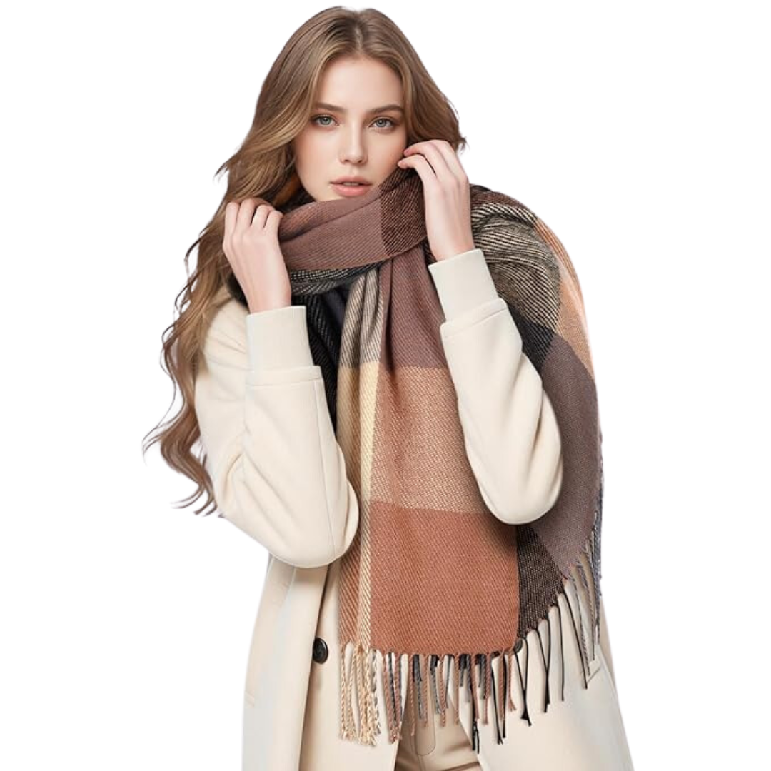 Chic women's cashmere wrap scarf, soft, versatile & fashionable for winter outfits.