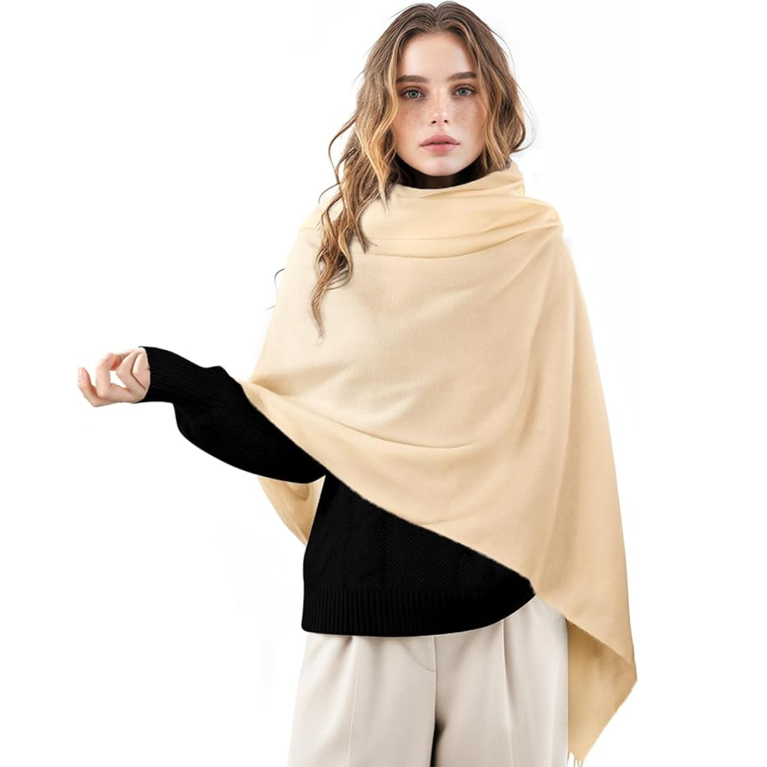 Beautifully draped soft cashmere women's scarf, providing cozy warmth and elegant style.