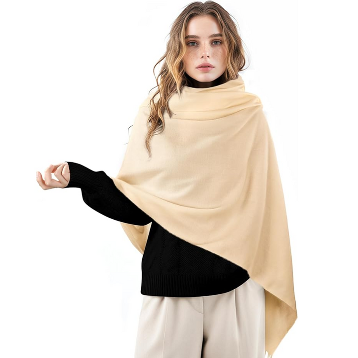 Beautifully draped soft cashmere women's scarf, providing cozy warmth and elegant style.