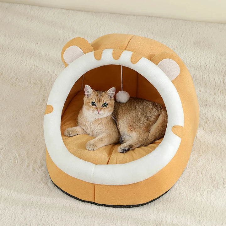 Soft cotton pet cave bed in neutral tones, ideal for cats and small dogs seeking cozy comfort.