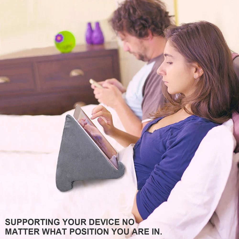 Hands-free phone stand & tablet pillow, ergonomic travel accessory.