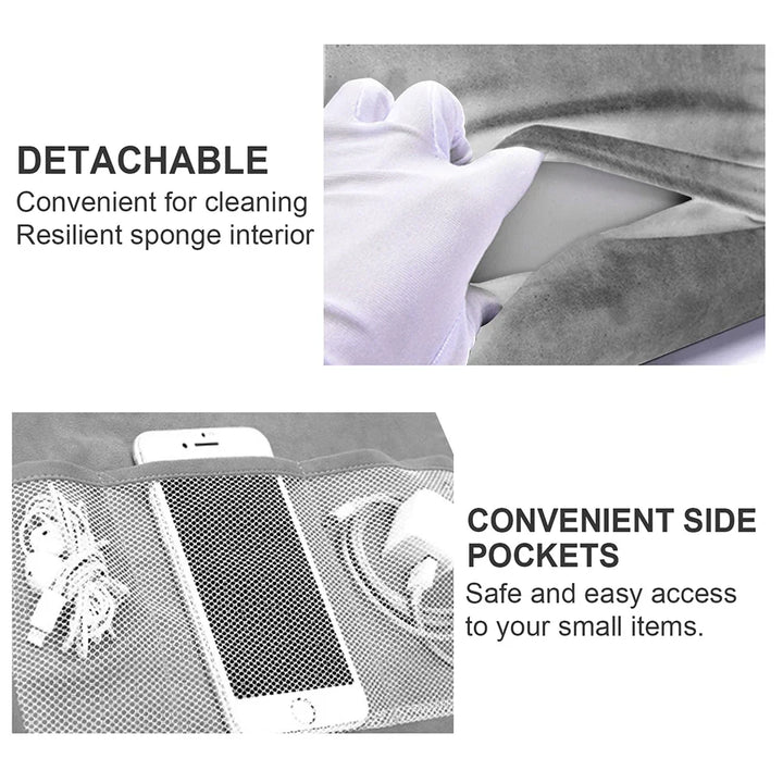 Device cushion with soft stand, holds tablets & phones for comfortable viewing.