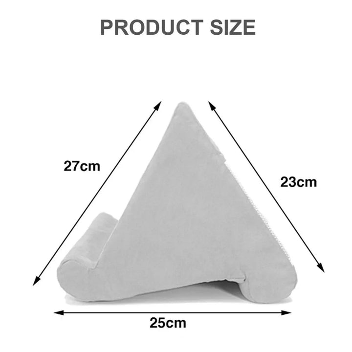 Ergonomic universal tablet stand, a soft pillow for hands-free phone & device use.