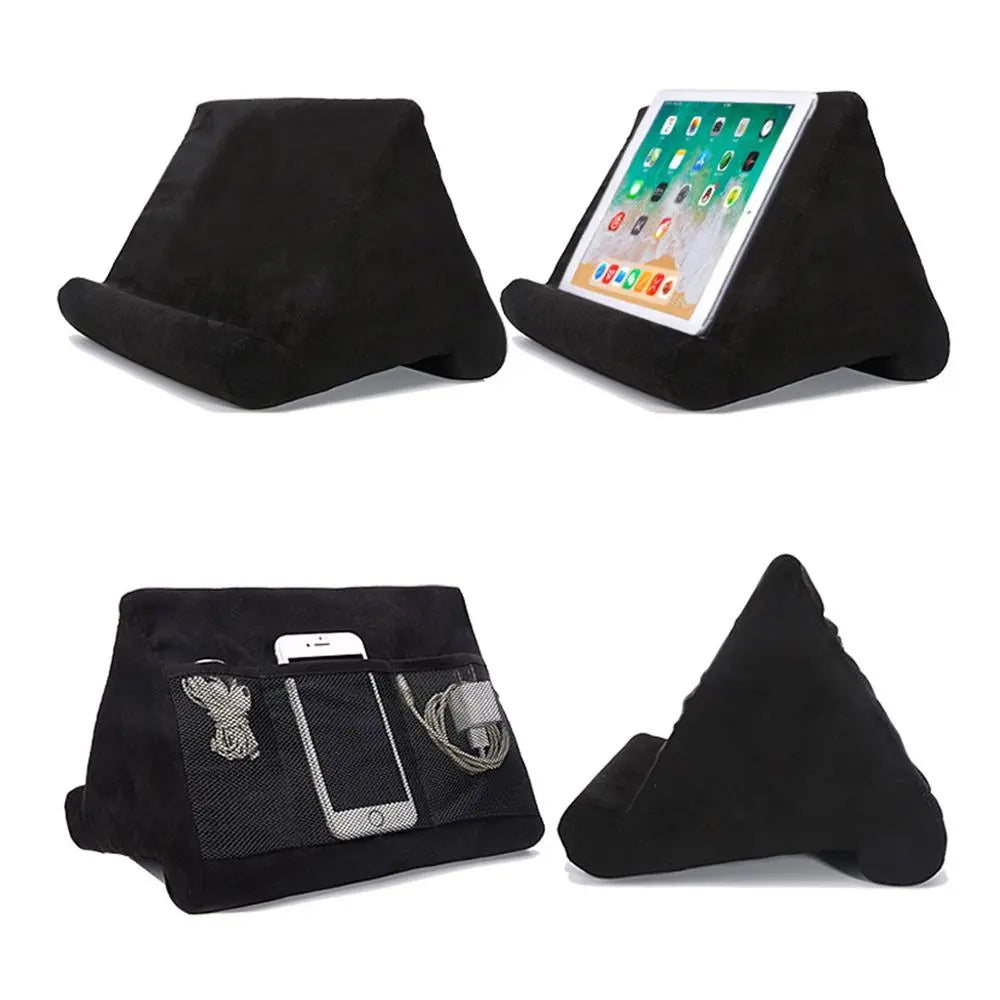 Universal device cushion, hands-free tablet stand & phone holder for bed/desk.