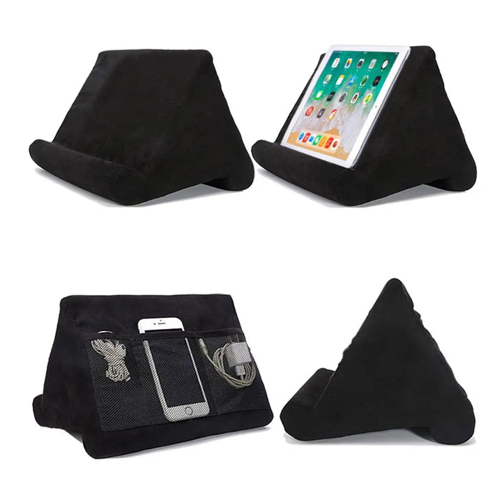 Universal device cushion, hands-free tablet stand & phone holder for bed/desk.