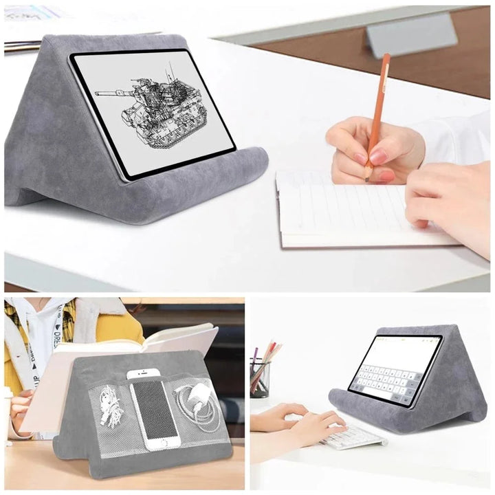 Comfortable soft stand, multi-device tablet & phone holder for any surface.