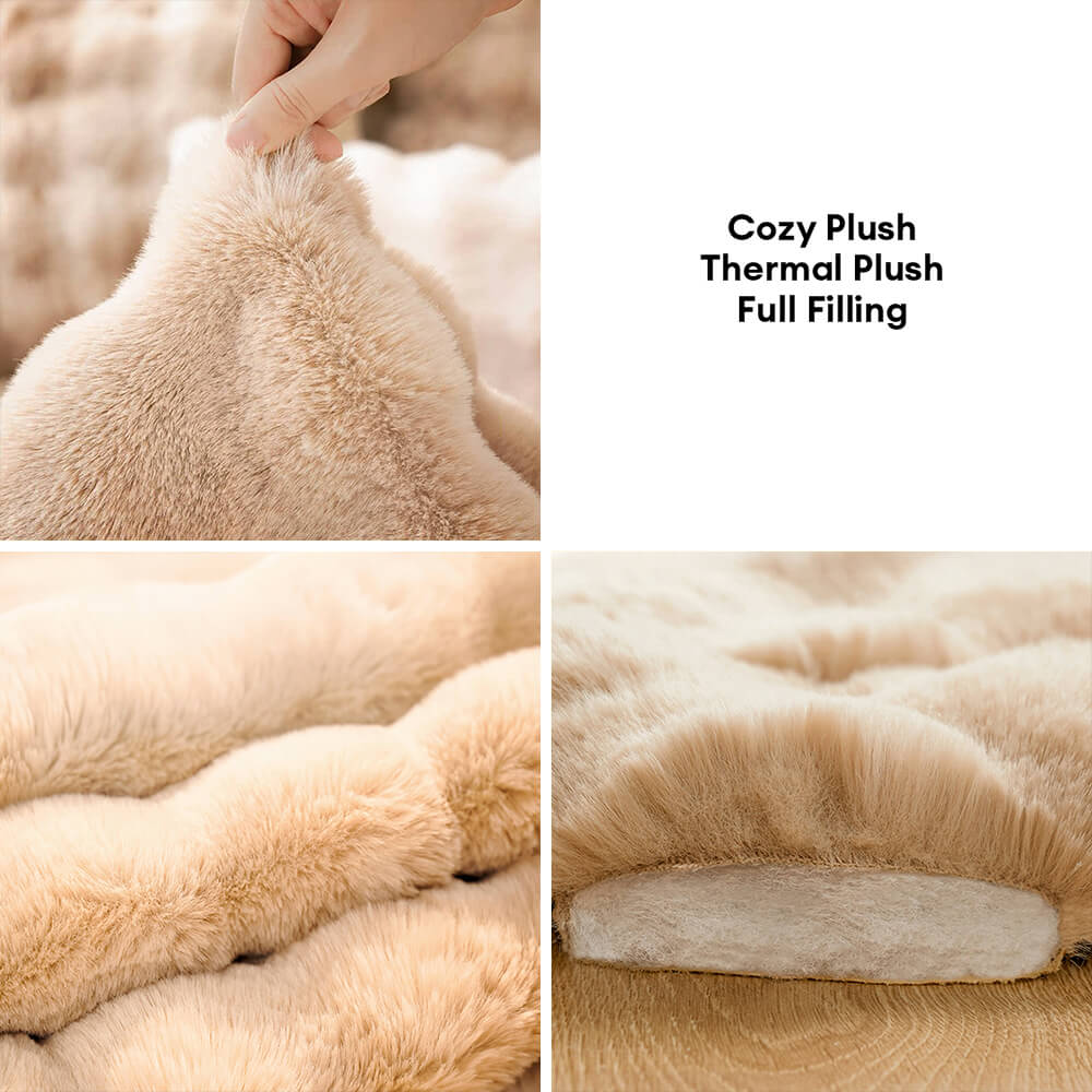 Beige faux rabbit fur pet mat and pillow, comfortable cat bed for indoor use