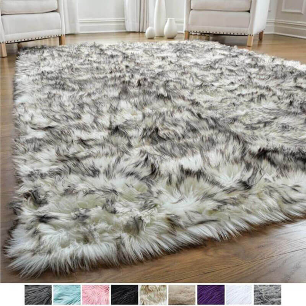 Rectangular faux sheepskin area rug, white, versatile home accent
