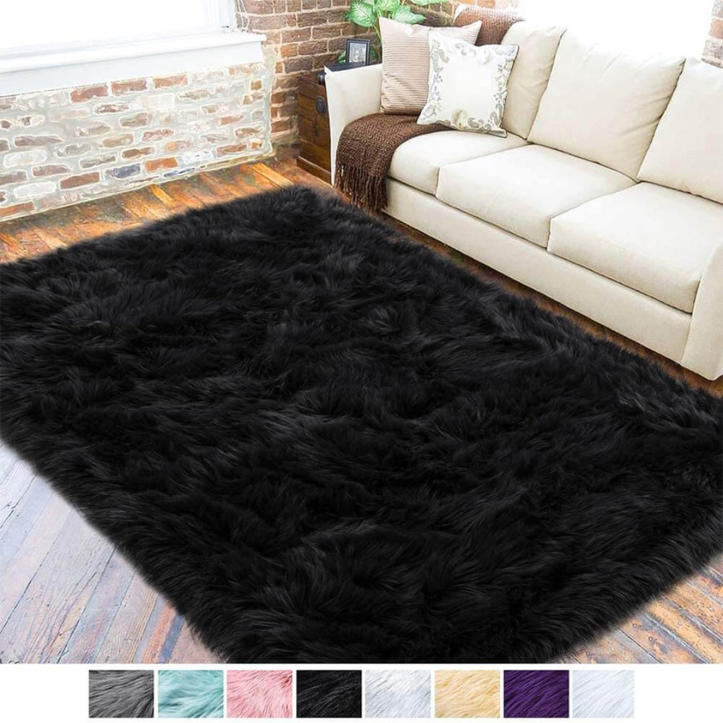 Shaggy faux sheepskin rug, cozy, provides warmth to any room