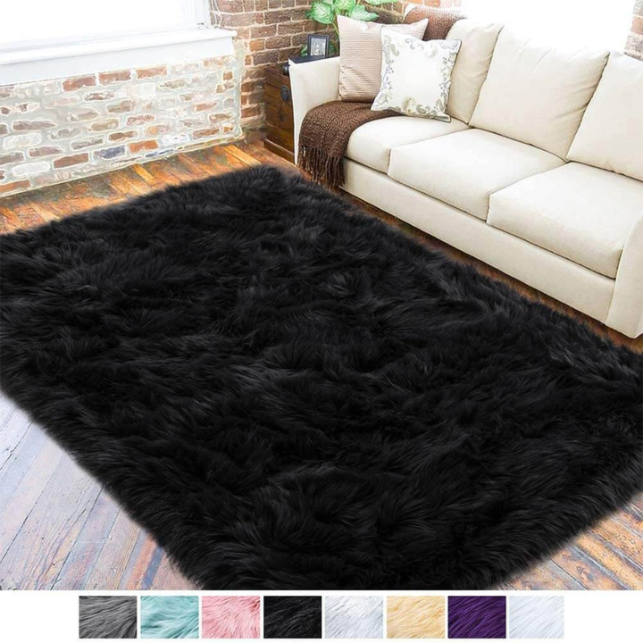 Shaggy faux sheepskin rug, cozy, provides warmth to any room