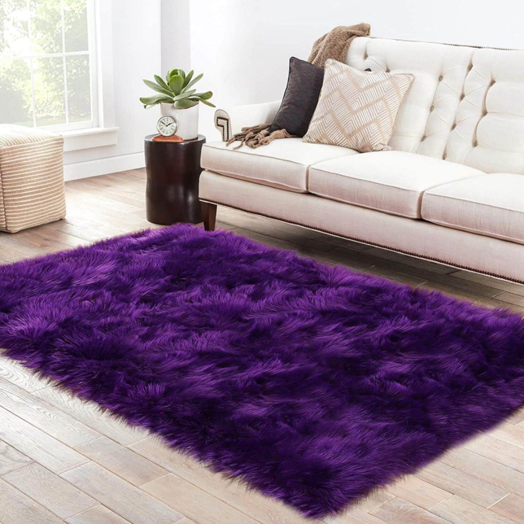 Elegant faux fur sheepskin throw rug, ideal for bedroom decor