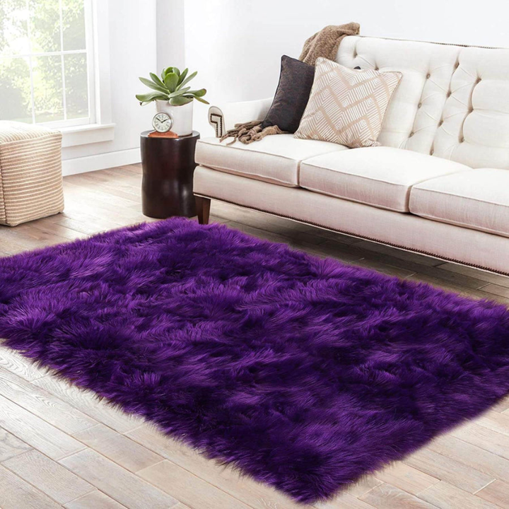 Elegant faux fur sheepskin throw rug, ideal for bedroom decor