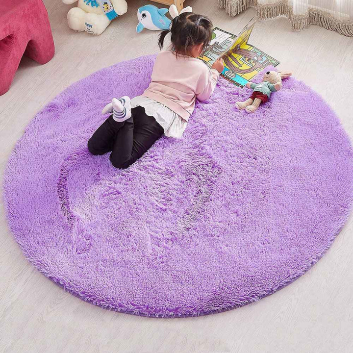 Close-up of a luxurious fluffy round rug texture, soft faux sheepskin for comfort.