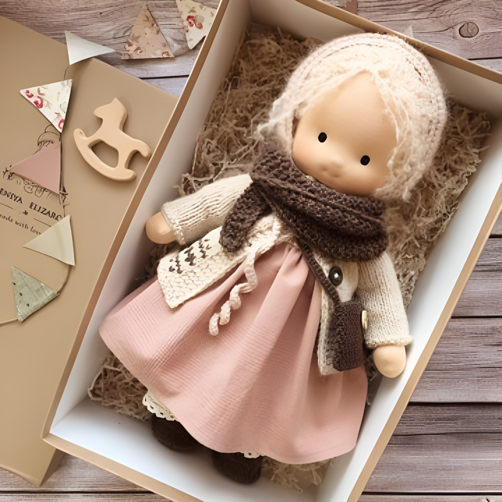 Cuddly organic cotton Waldorf doll, a natural imaginative toy for toddlers.