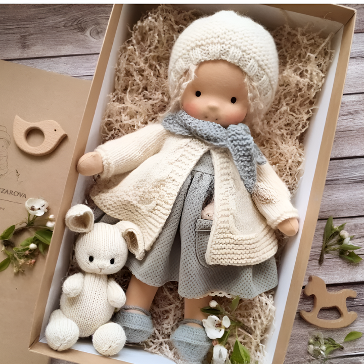 Cuddly imaginative Waldorf doll, a handmade wool toy for toddlers' comfort.