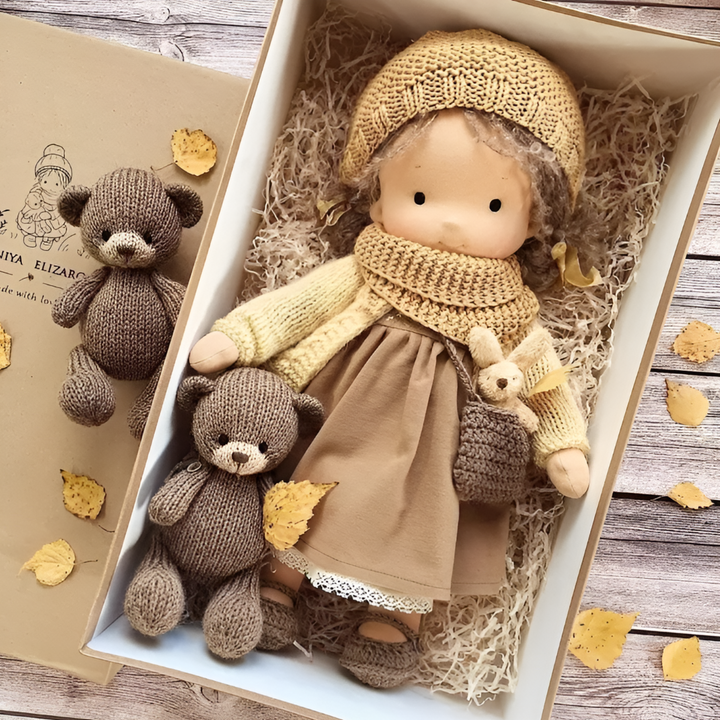 Organic cotton Waldorf doll, a cuddly & safe toy for imaginative play, ideal for kids.