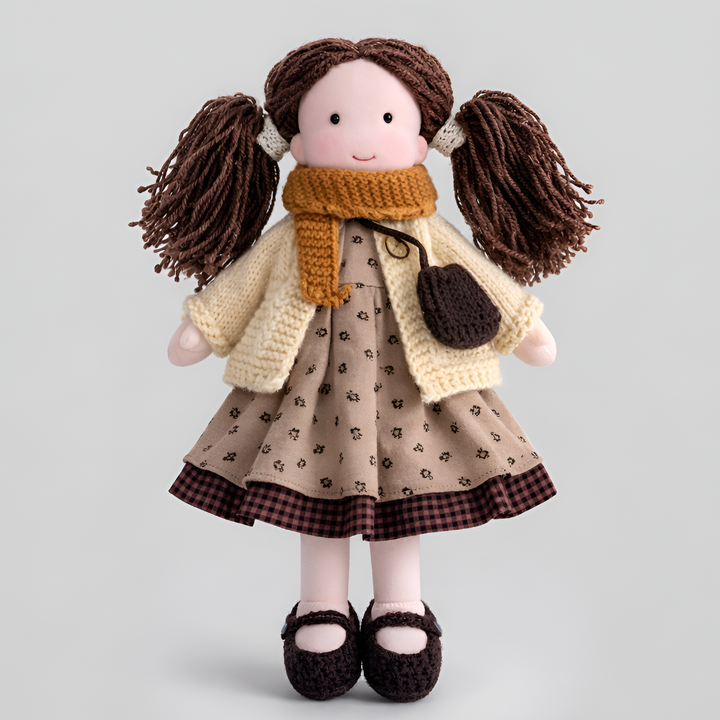 Natural Waldorf doll, soft, cuddly, handcrafted from wool for imaginative child's play.