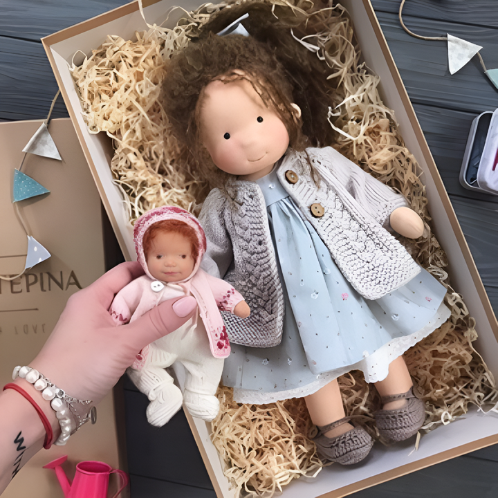 Handcrafted children's Waldorf doll, a wool comfort toy for imaginative play.